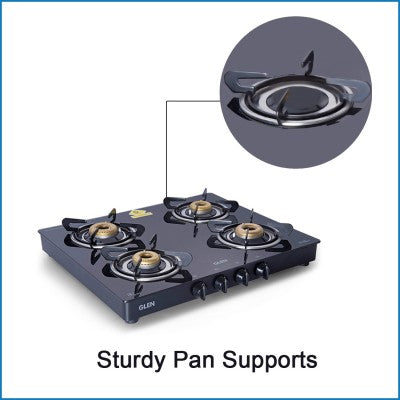 4 Burner Glass Gas Stove with Forged Brass Burner 60 CM Black (1041 GT FB BL)