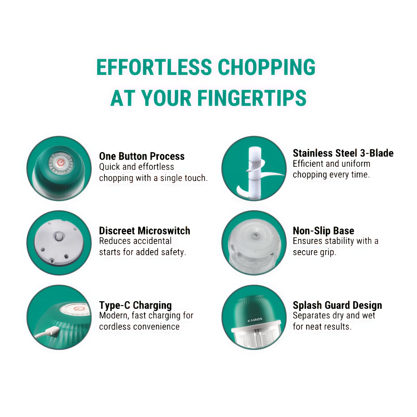 KAIROS Chop Mate Mini Chopper | USB Rechargeable Food Chopper with 350ml Glass Bowl | Perfect for Garlic, Onions & Baby Food