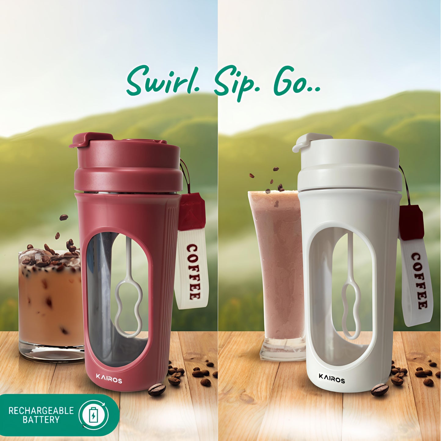 KAIROS StirMate Self-Stirring Bottle – 450 ML | Automatic Mixing Travel Mug | Ideal for Coffee, Juice & Shakes