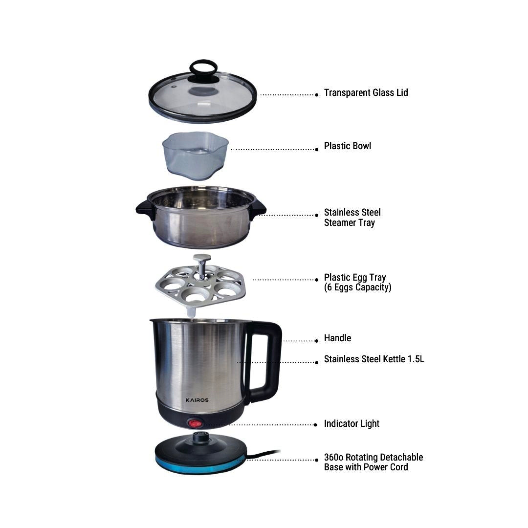 KAIROS MultiServe 1.5L Multi-Cooking Kettle with Steamer | 800W Portable Cooker | Multi-Cook function ,Fast Boil & Cook