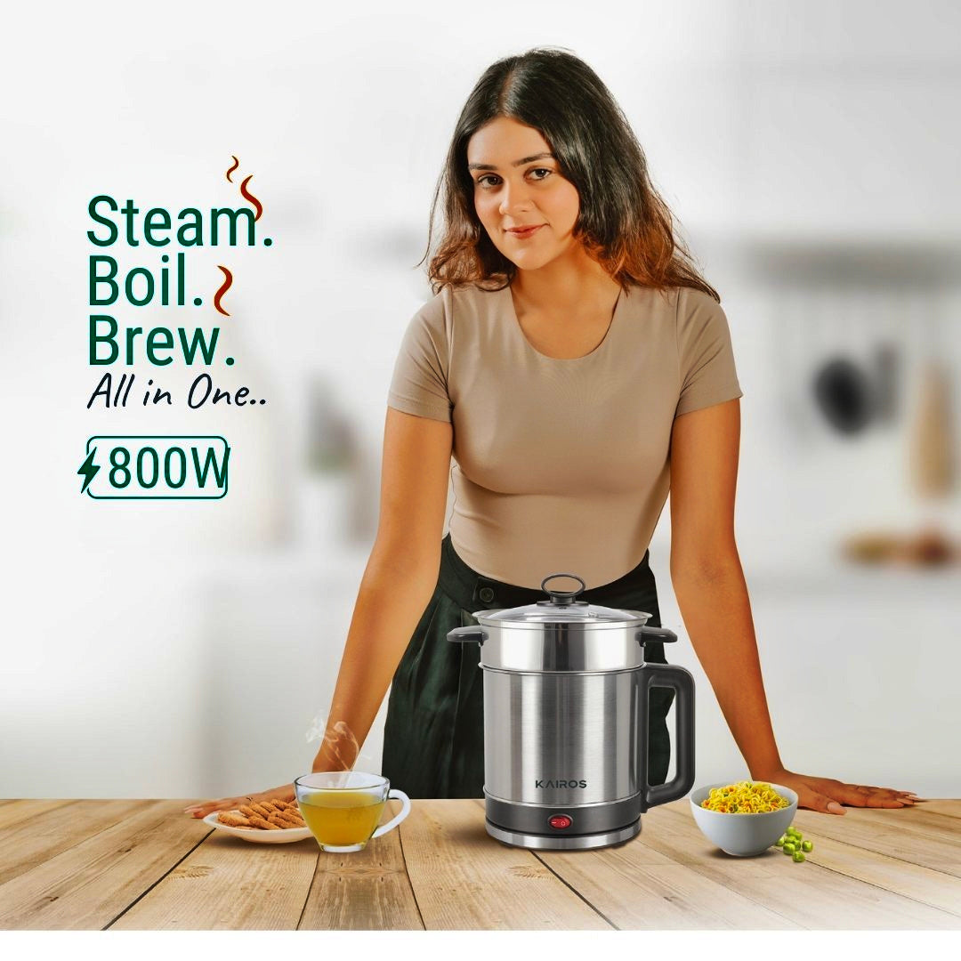 KAIROS MultiServe 1.5L Multi-Cooking Kettle with Steamer | 800W Portable Cooker | Multi-Cook function ,Fast Boil & Cook
