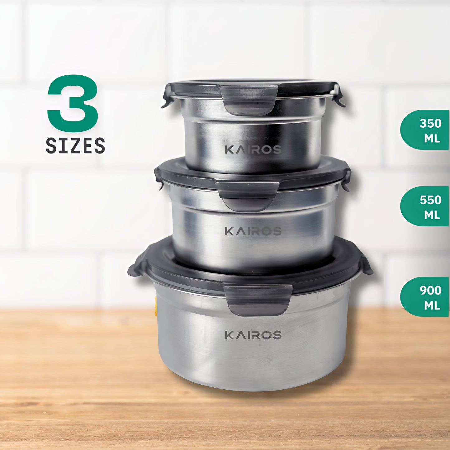 KAIROS Fresh Seal Trio-Stainless Steel Containers Set of 3 | Durable & rust-resistant | 3 Pcs. Container Set