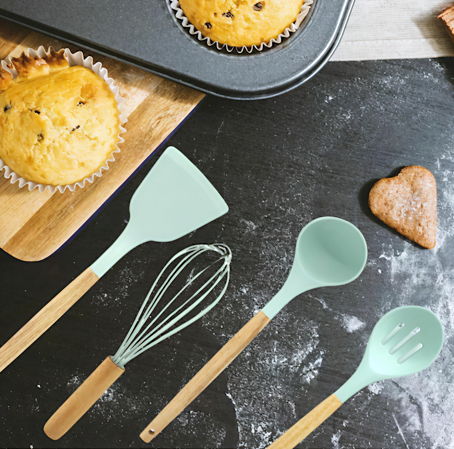 KAIROS Silicone Cooking Spatula | Wooden Spatula Set of 4 pcs with Wooden Handle | Premium Kitchen Spatulas