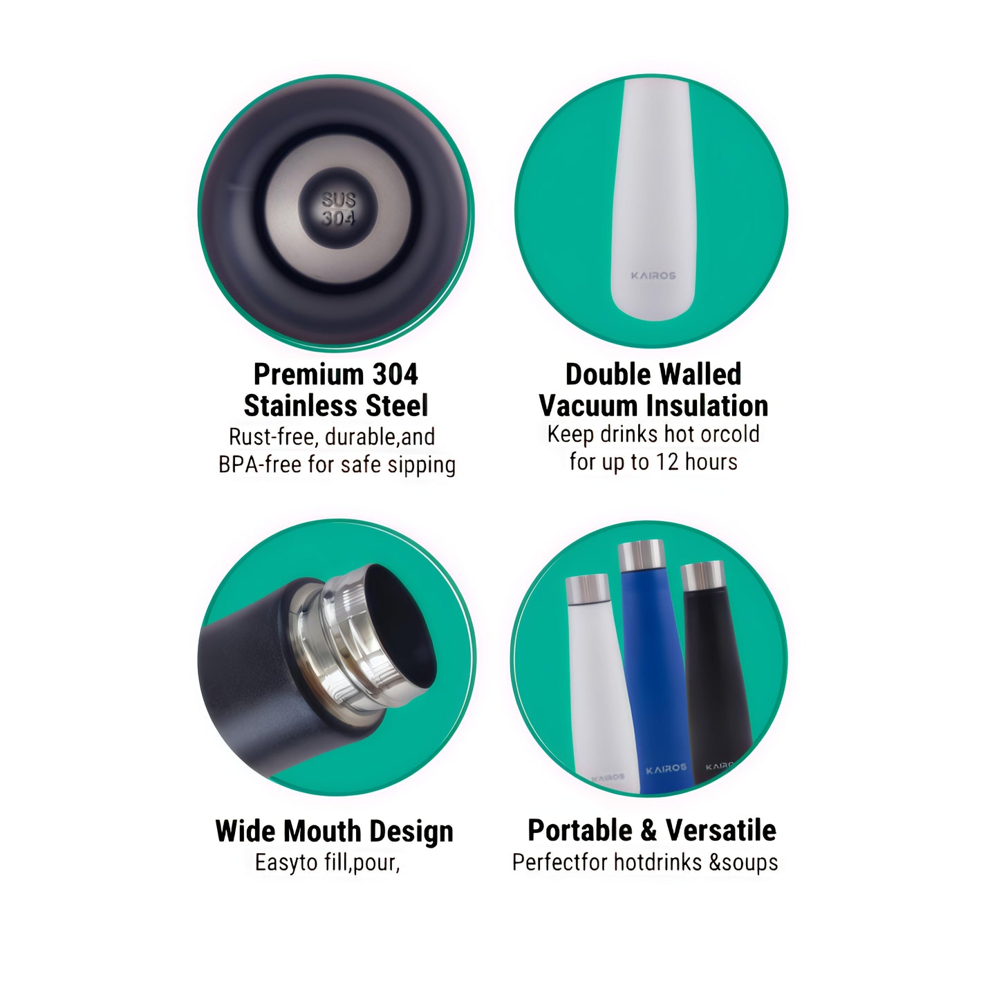 KAIROS Chill Hot Double Walled Stainless Steel Flask | Vaccum Insulated Flask | keeps drinks hot/cold up to 12 hrs (500ml)