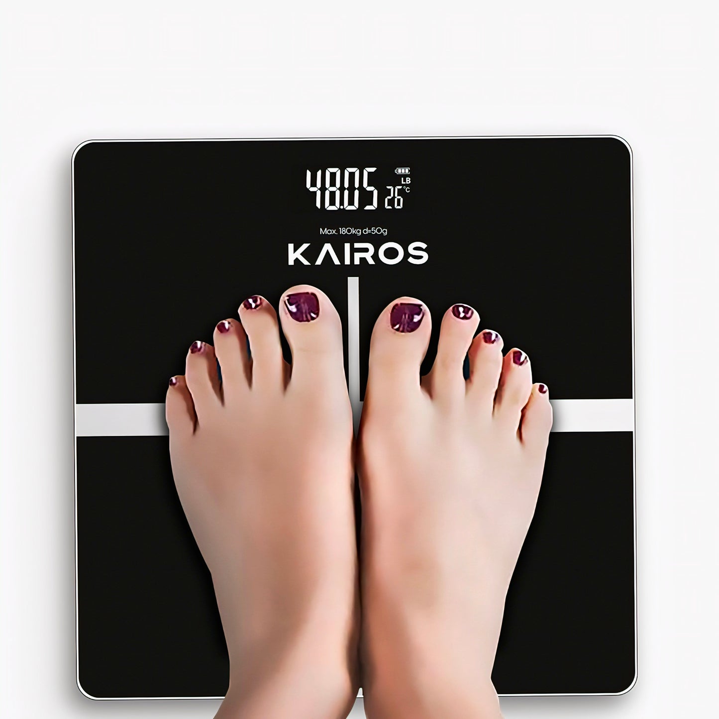 KAIROS Weight Master Pro – Digital Personal Weight Scale | 180kg Capacity, 50g Accuracy | LCD Display with Light, kg/lb Conversion | Auto Weighing, Rechargeable Battery & Smart Indicators