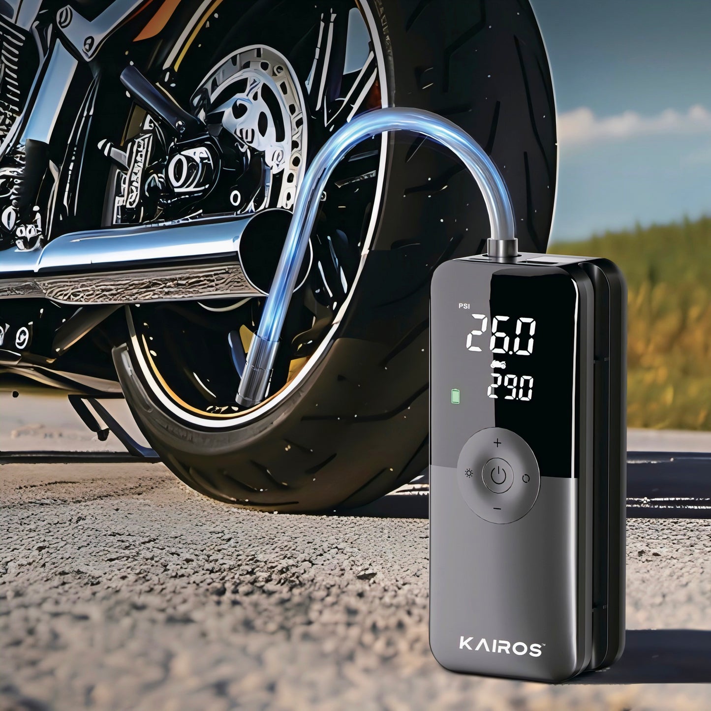 KAIROS TyreMate-Cordless Tyre Inflator | 150 PSI, Dual 2600mAh Batteries | Smart Digital Display, LED Light & SOS, 2-in-1 Power Bank, Low Noise