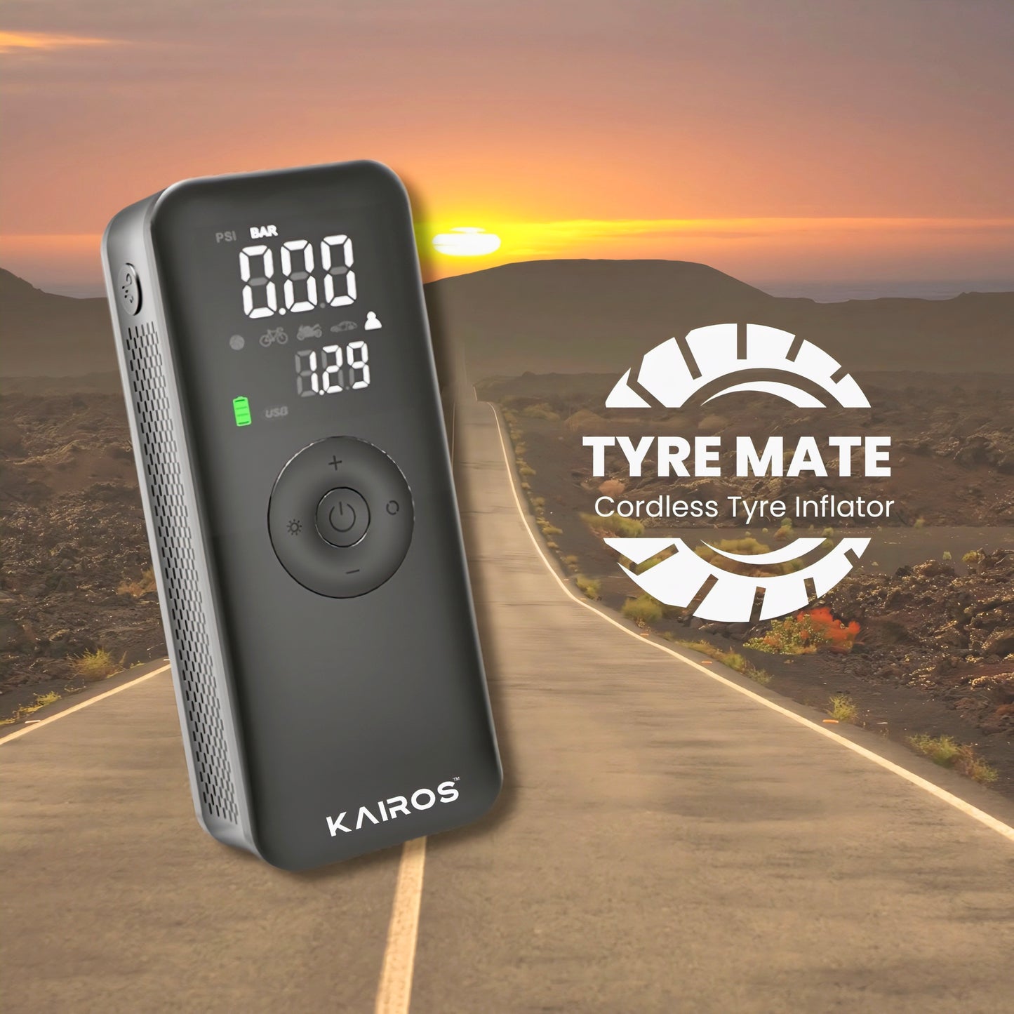 KAIROS TyreMate-Cordless Tyre Inflator | 150 PSI, Dual 2600mAh Batteries | Smart Digital Display, LED Light & SOS, 2-in-1 Power Bank, Low Noise
