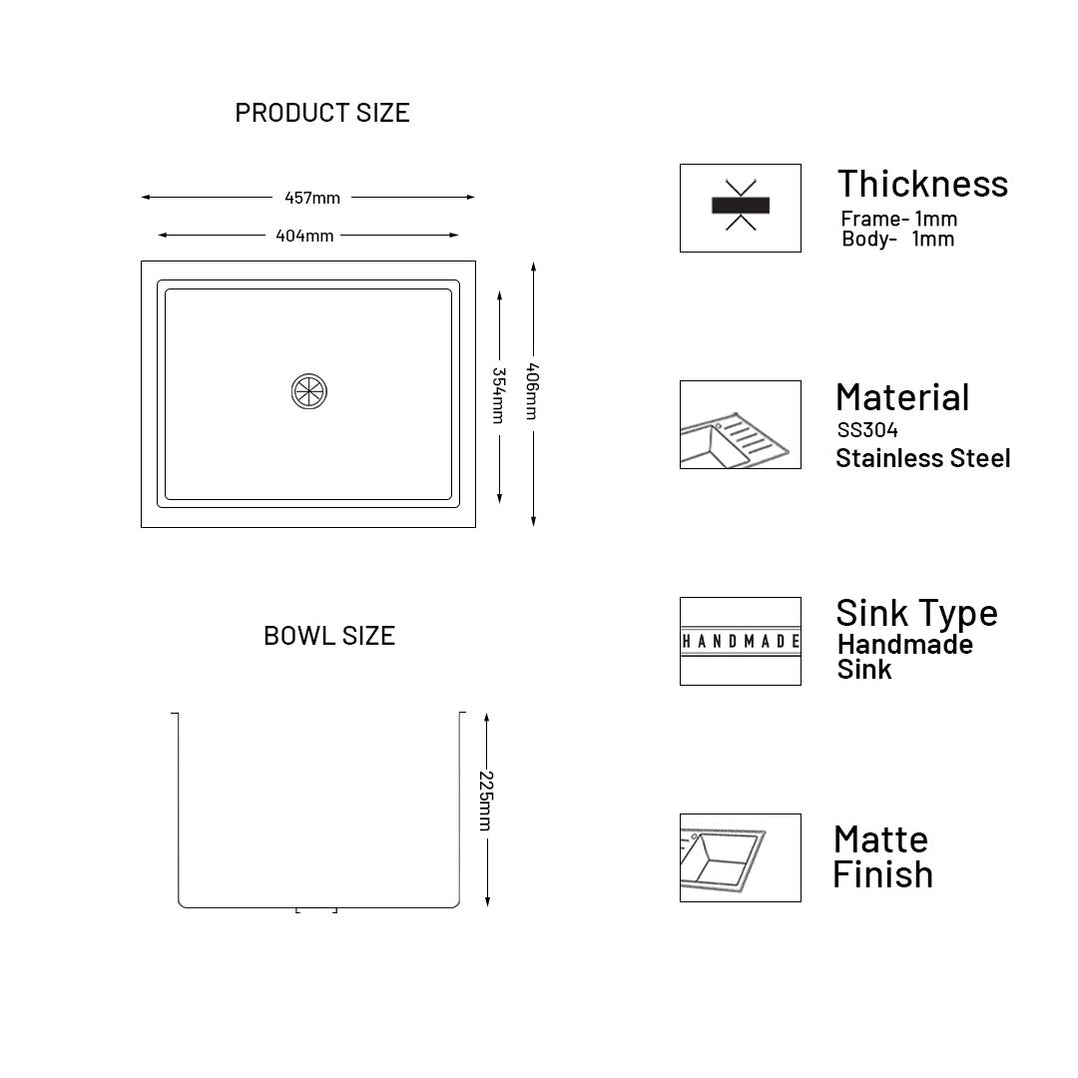 GLEN Stainless Steel Grade 304 Sink for Kitchen | Single Bowl Handmade Sink 18x16x9 inches | Matte Finish (KS-SH18169SBM)