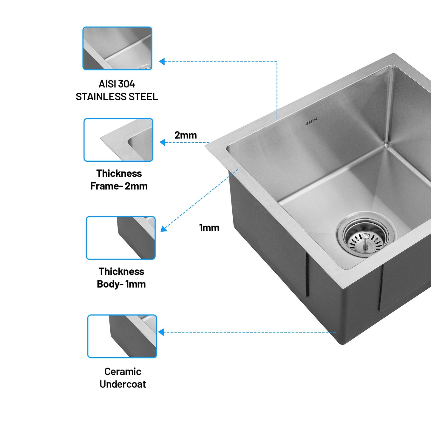 GLEN Stainless Steel Grade 304 Sink for Kitchen | Single Bowl Handmade Sink 18x16x9 inches | Matte Finish (KS-SH18169SBM)