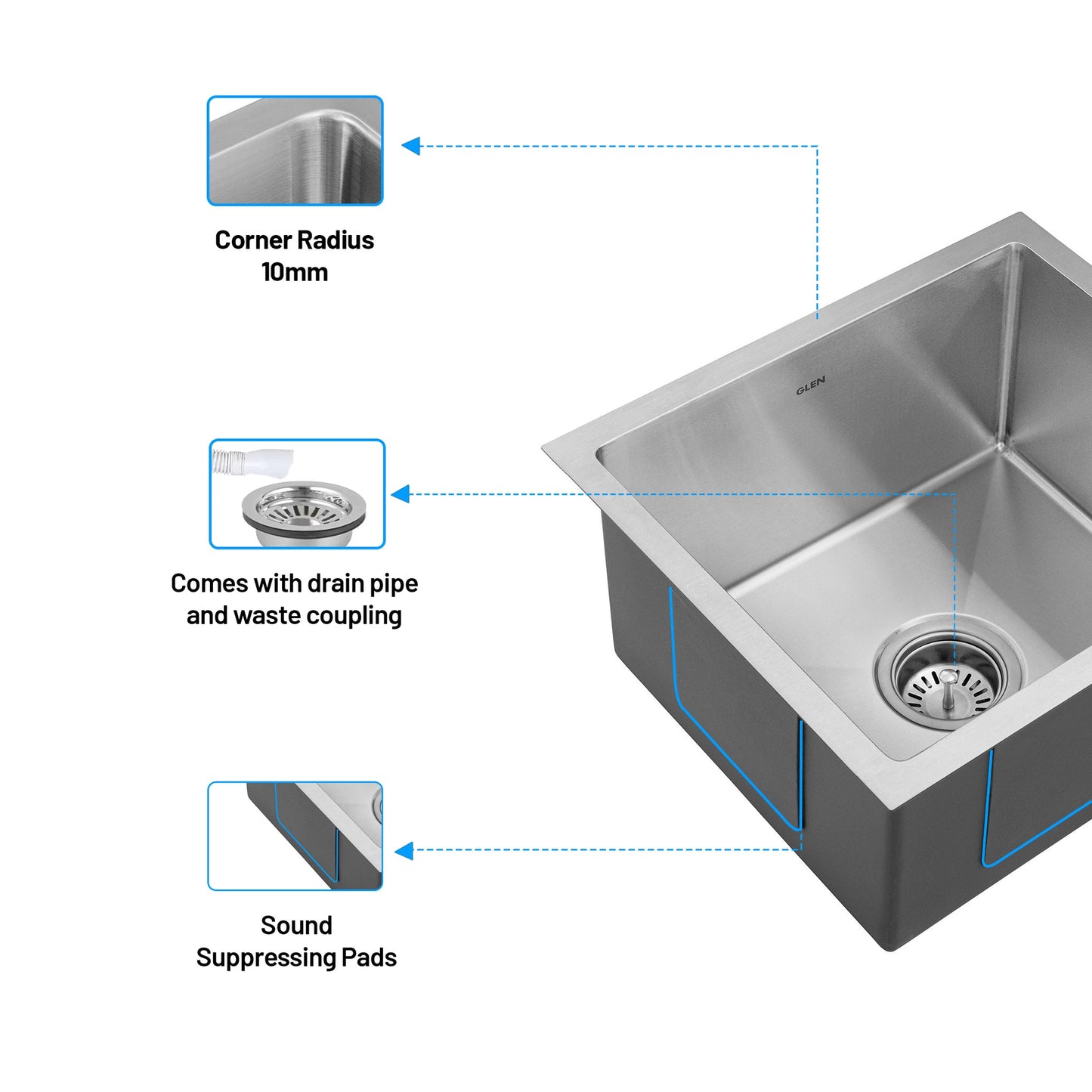 GLEN Stainless Steel Grade 304 Sink for Kitchen | Single Bowl Handmade Sink 18x16x9 inches | Matte Finish (KS-SH18169SBM)