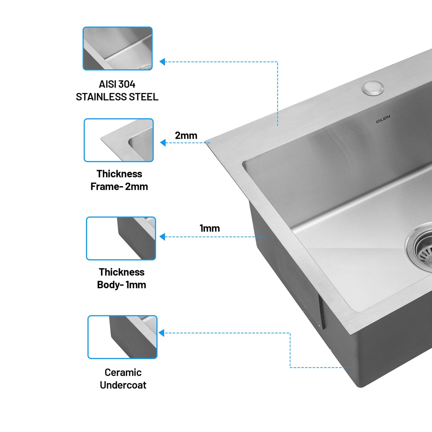 GLEN Stainless Steel Grade 304 Sink for Kitchen | Single Bowl Handmade Sink with Full Faucet Deck 24x18x9 inches |Matte Finish (KS-SH24189SBFFDM)
