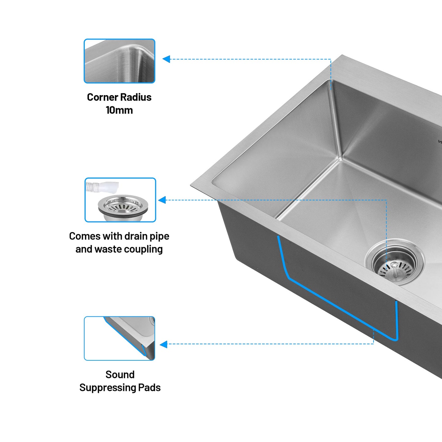 GLEN Stainless Steel Grade 304 Sink for Kitchen | Single Bowl Handmade Sink with Full Faucet Deck 24x18x9 inches |Matte Finish (KS-SH24189SBFFDM)