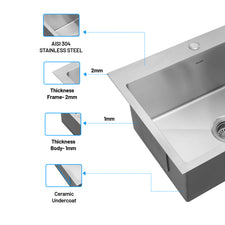 GLEN Stainless Steel Grade 304 Sink for Kitchen | Single Bowl Handmade Sink 24x18x9 inches | Scratch-resistant, Easy-to-maintain, Matte Finish (KS-SH24189SBM)