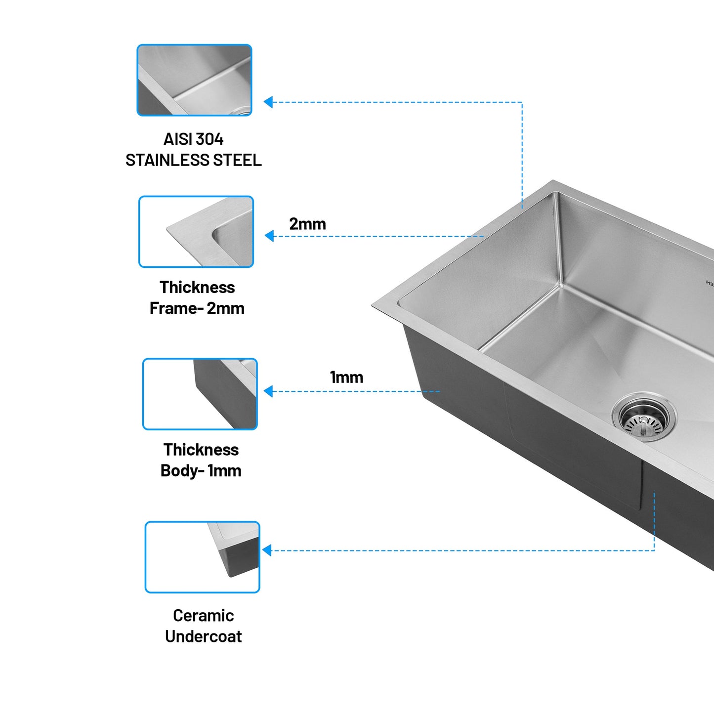 GLEN Stainless Steel Grade 304 Sink for Kitchen | Single Bowl Handmade Sink 30x18x9 inches | Matte Finish (KS-SH30189SBM)