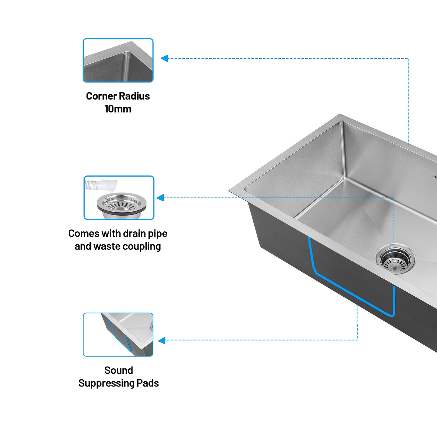 GLEN Stainless Steel Grade 304 Sink for Kitchen | Single Bowl Handmade Sink 30x18x9 inches | Matte Finish (KS-SH30189SBM)