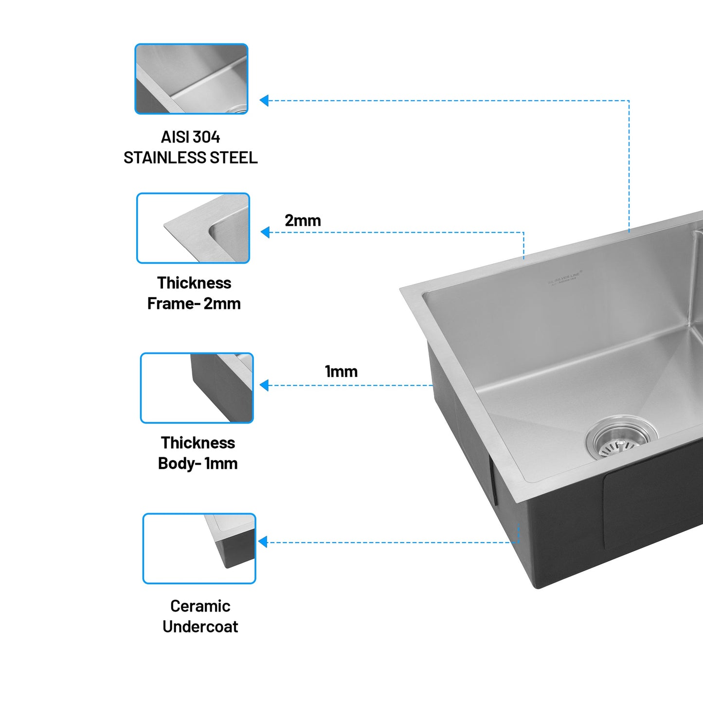 GLEN Stainless Steel Grade 304 Sink for Kitchen | Single Bowl Handmade Sink with Side Drain Board 36x20x9 inches | Matte Finish (KS-SH36209SBSDM)