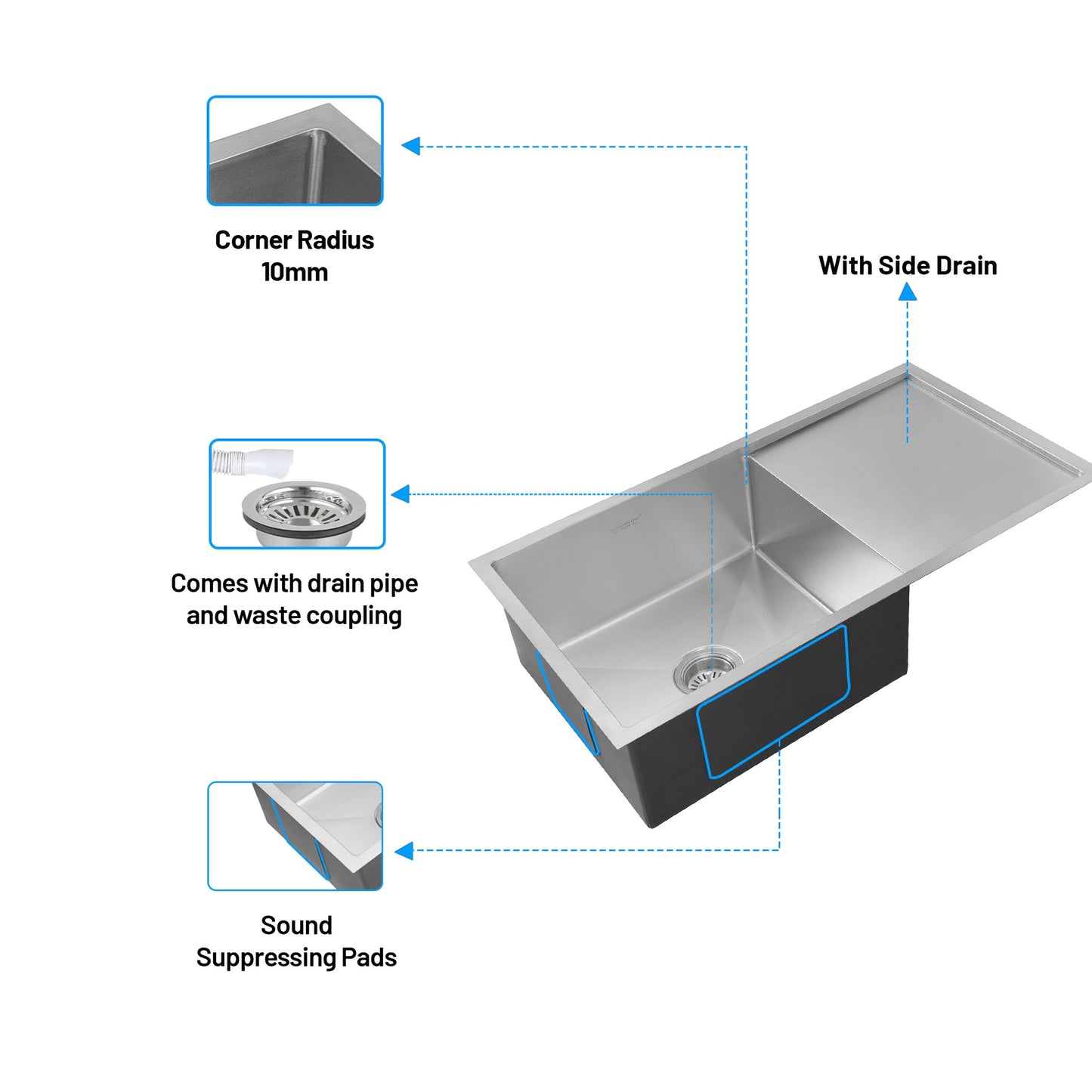 GLEN Stainless Steel Grade 304 Sink for Kitchen | Single Bowl Handmade Sink with Side Drain Board 36x20x9 inches | Matte Finish (KS-SH36209SBSDM)