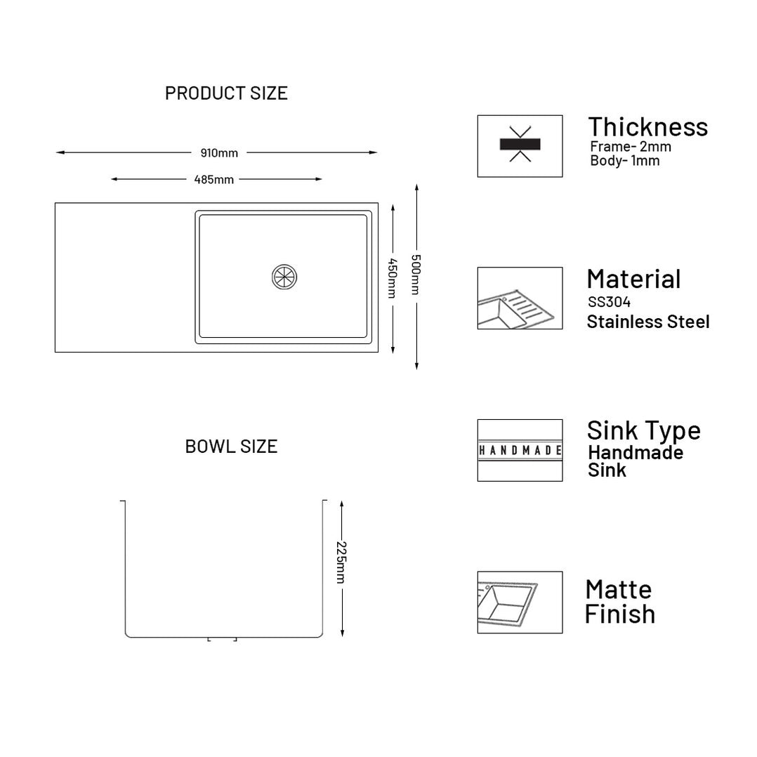 GLEN Stainless Steel Grade 304 Sink for Kitchen | Single Bowl Handmade Sink with Side Drain Board 36x20x9 inches | Matte Finish (KS-SH36209SBSDM)