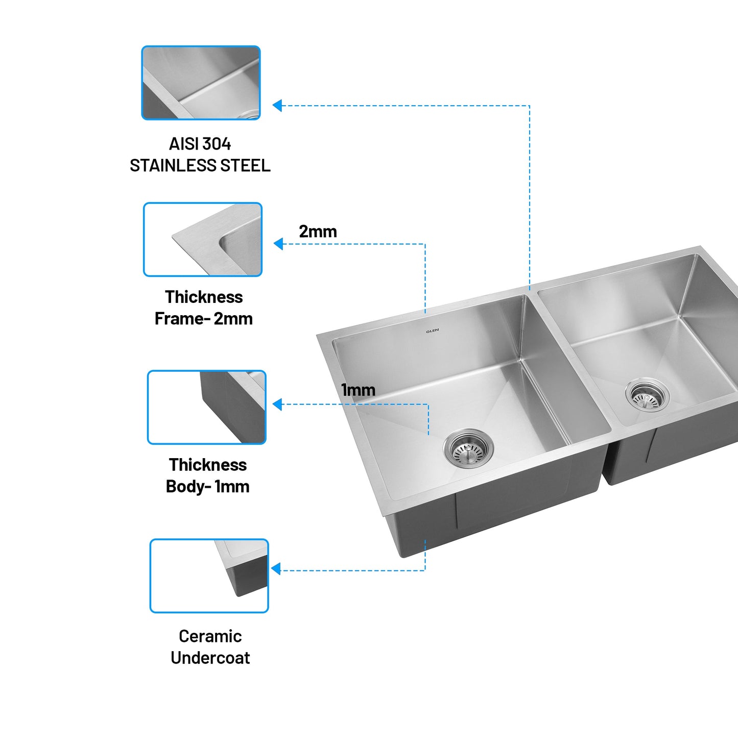 GLEN Premium Stainless Steel Grade 304 Kitchen Sink | Double Bowl Handmade Sink 37x18x9 inches | Matte Finish, Durable, Rust-Resistant & Easy-to-Clean – Perfect for Modern Kitchens (KS-SH37189DBM)