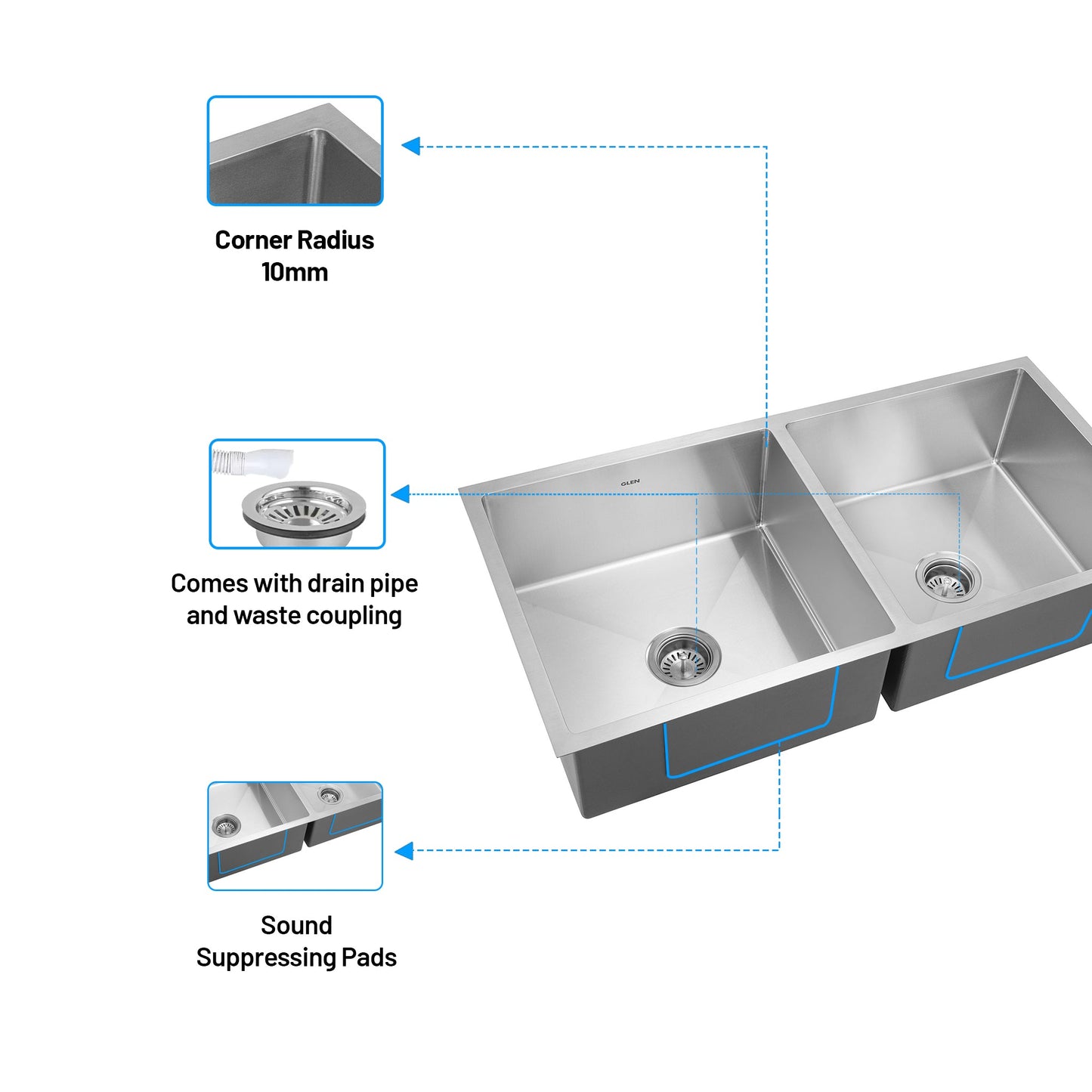 GLEN Premium Stainless Steel Grade 304 Kitchen Sink | Double Bowl Handmade Sink 37x18x9 inches | Matte Finish, Durable, Rust-Resistant & Easy-to-Clean – Perfect for Modern Kitchens (KS-SH37189DBM)