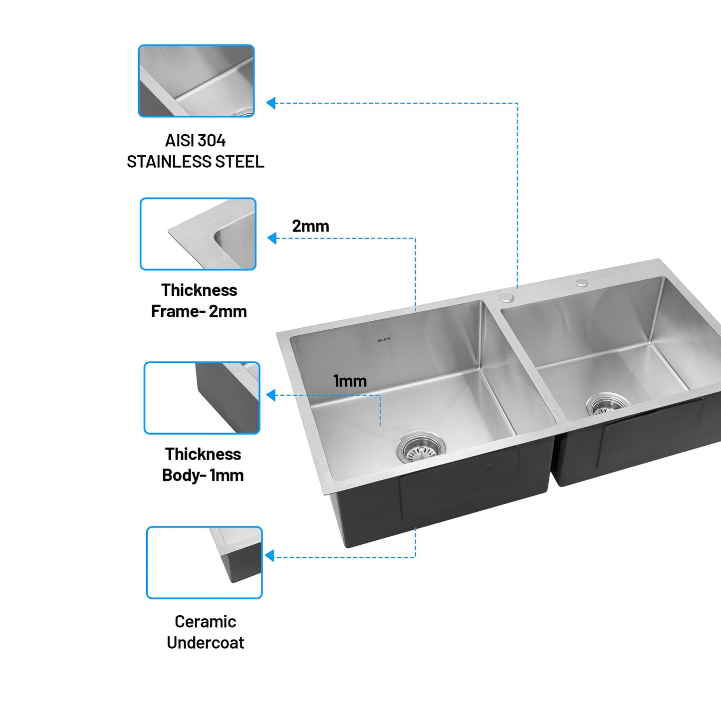 GLEN Stainless Steel Grade 304 Sink for Kitchen | Double Bowl Handmade Sink with Half Faucet Deck 45x20x9 inches | Matte Finish (KS-SH45209DBHFDM)