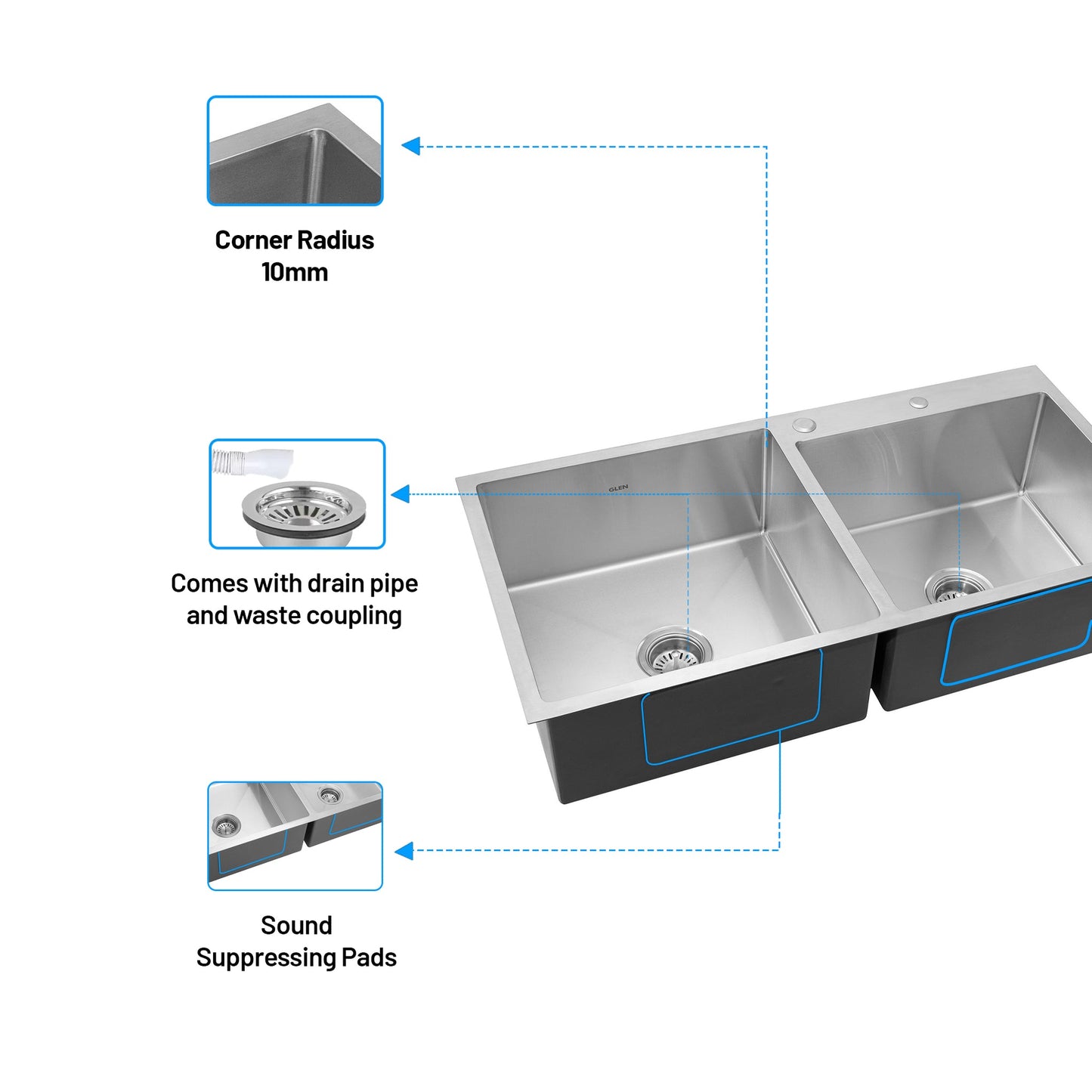 GLEN Stainless Steel Grade 304 Sink for Kitchen | Double Bowl Handmade Sink with Half Faucet Deck 32x18x9 inches | Matte Finish (KS-SH32189DBHFDM)