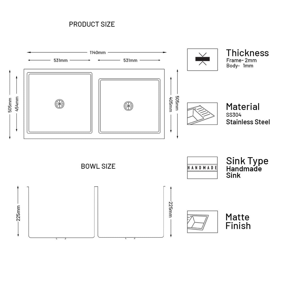 GLEN Stainless Steel Grade 304 Sink for Kitchen | Double Bowl Handmade Sink with Half Faucet Deck 45x20x9 inches | Matte Finish (KS-SH45209DBHFDM)