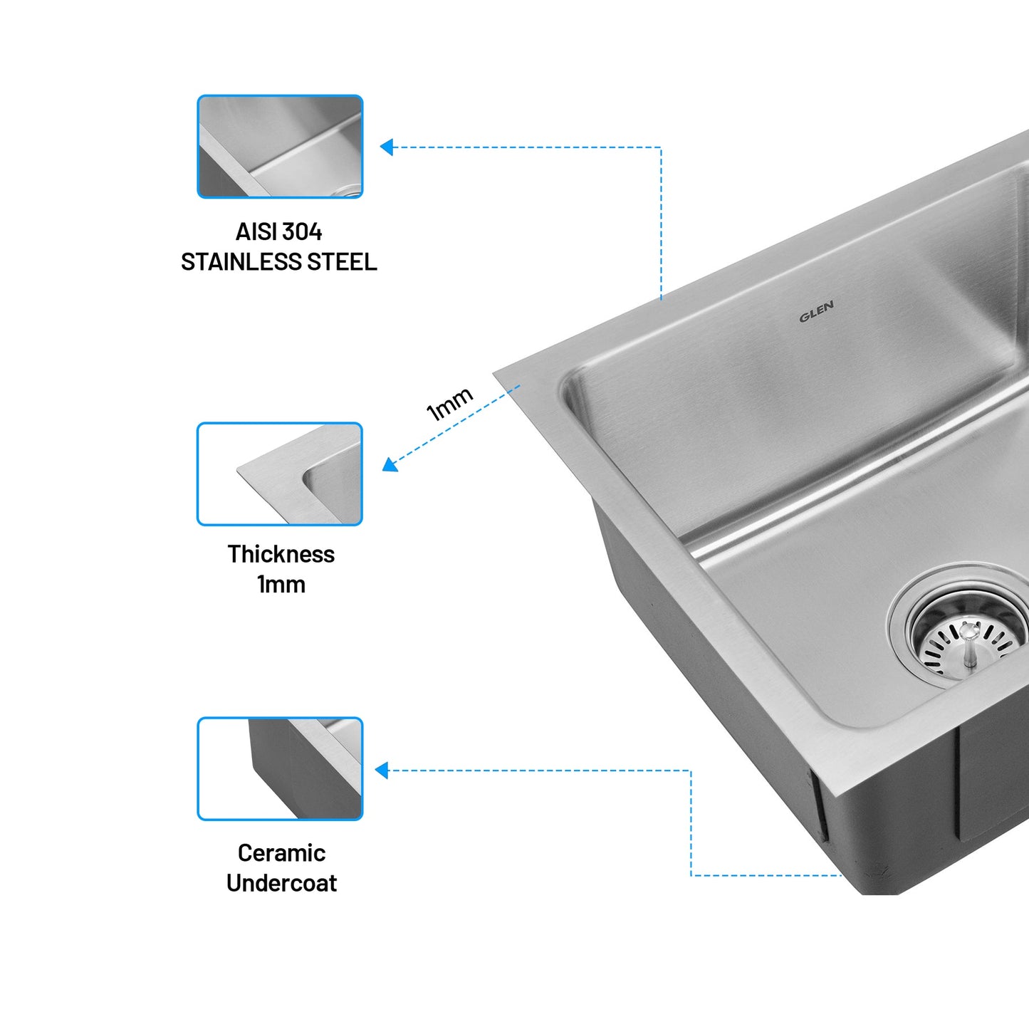 GLEN Stainless Steel Grade 304 Sink for Kitchen | Single Bowl Press Sink 18x16x9 inches | Matte Finish (KS-SP18169SBM)