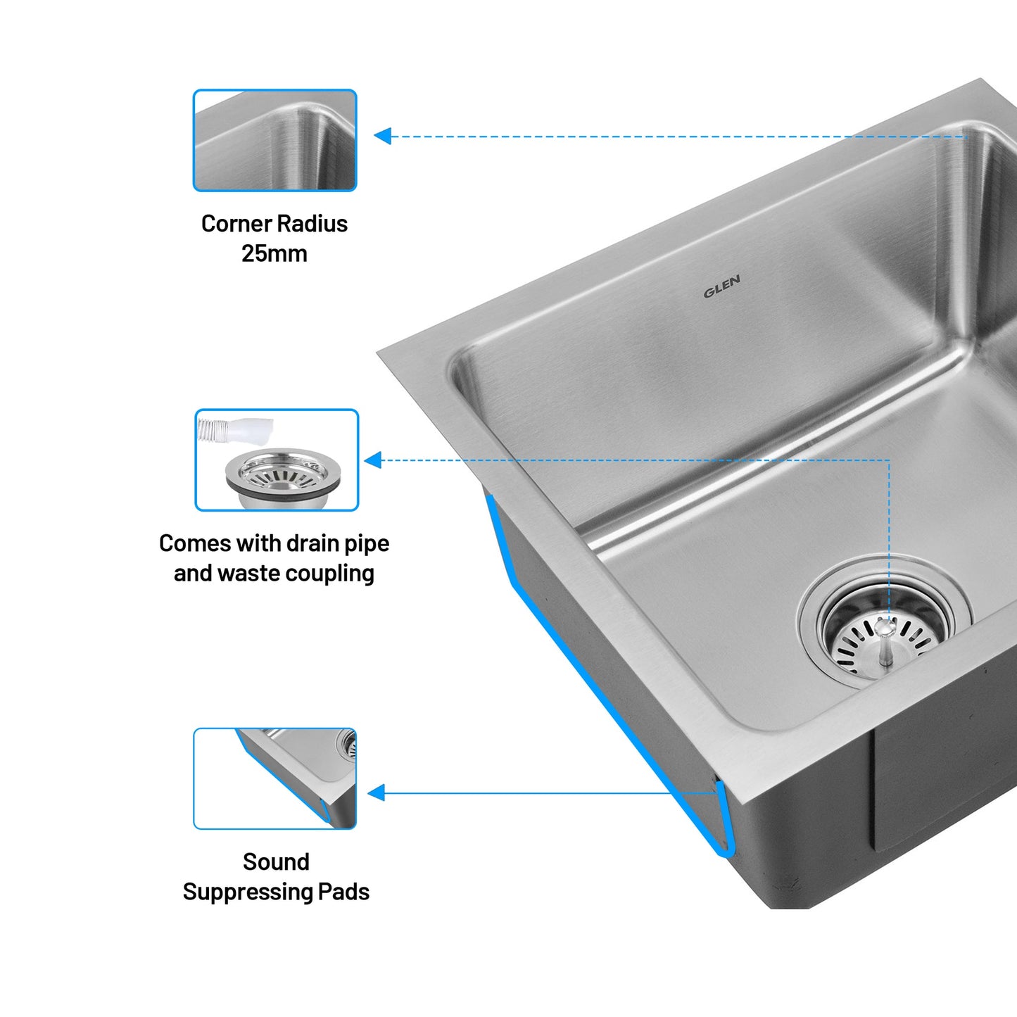 GLEN Stainless Steel Grade 304 Sink for Kitchen | Single Bowl Press Sink 18x16x9 inches | Matte Finish (KS-SP18169SBM)