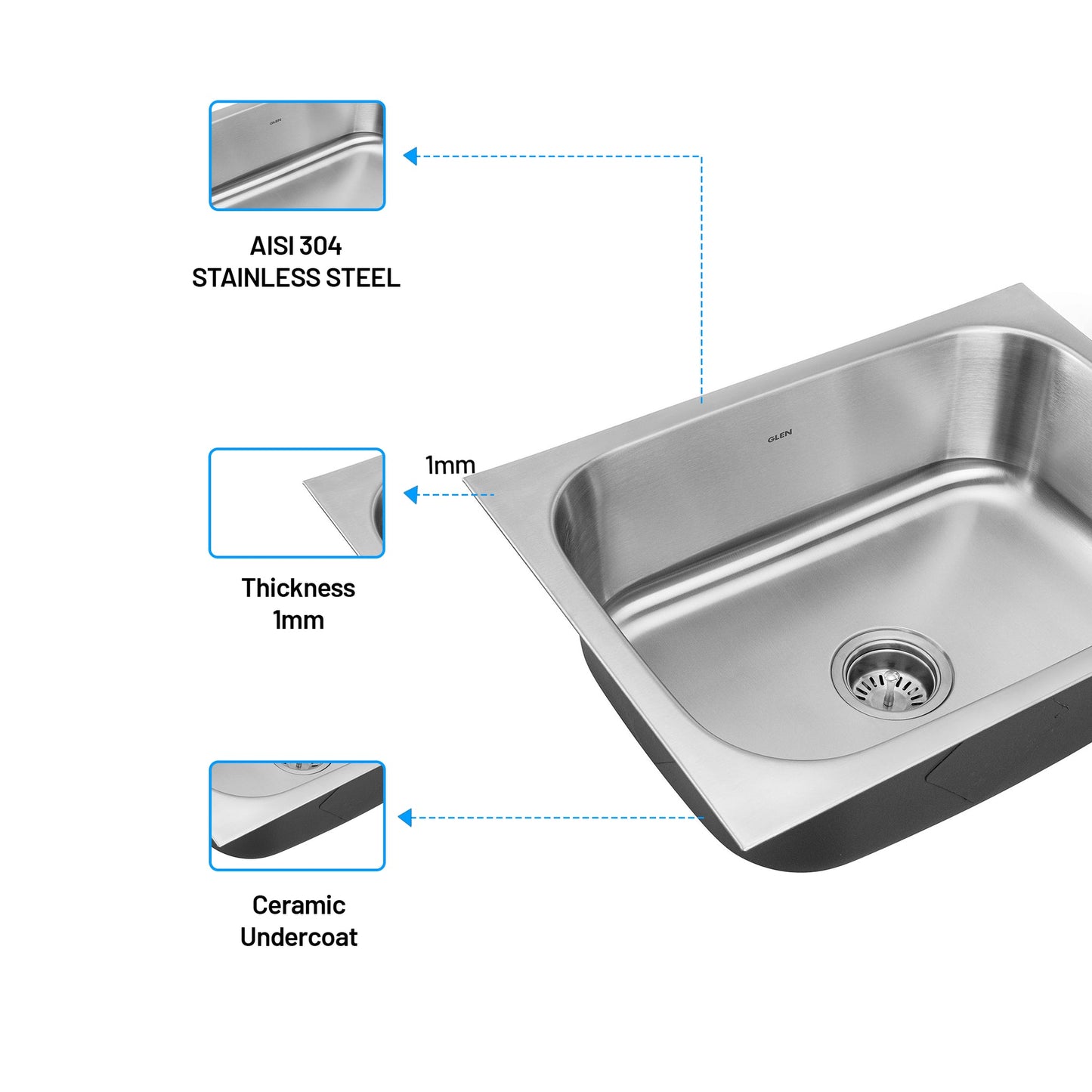 GLEN Stainless Steel Grade 304 Sink for Kitchen | Single Bowl Press Sink 21x18x8 inches, Matte Finish (KS-SP21188SBM)