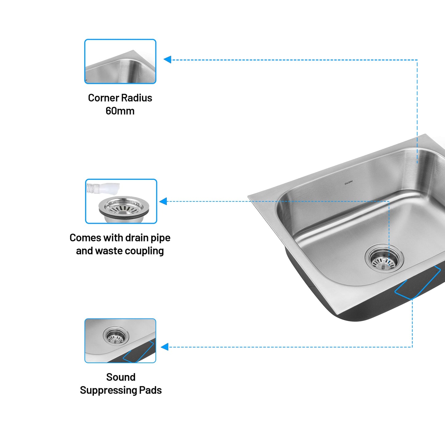 GLEN Stainless Steel Grade 304 Sink for Kitchen | Single Bowl Press Sink 21x18x8 inches, Matte Finish (KS-SP21188SBM)