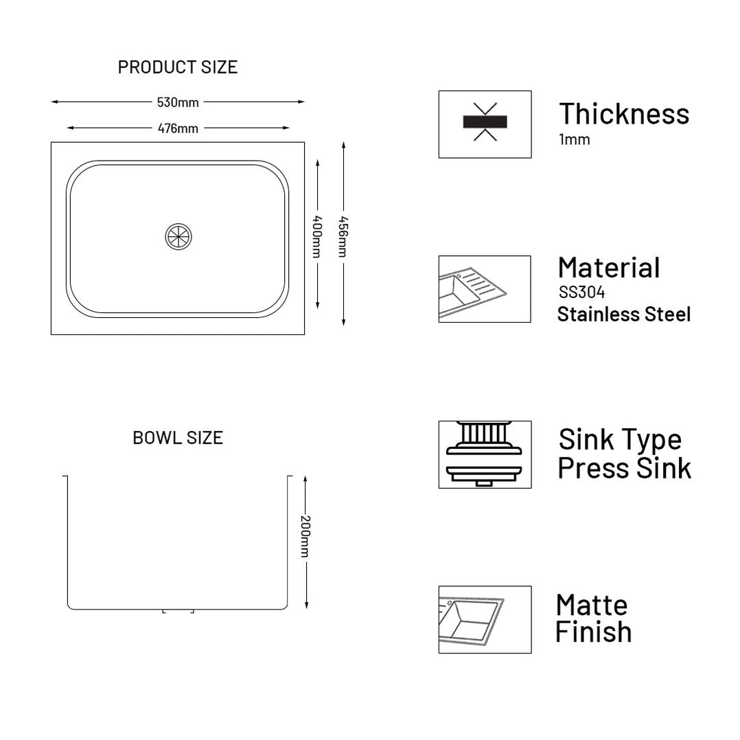 GLEN Stainless Steel Grade 304 Sink for Kitchen | Single Bowl Press Sink 21x18x8 inches, Matte Finish (KS-SP21188SBM)