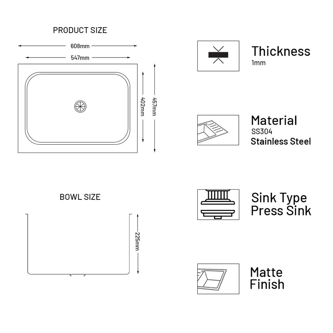 GLEN Stainless Steel Grade 304 Sink for Kitchen | Single Bowl Press Sink 24x18x9 inches | Matte Finish (KS-SP24189SBM)