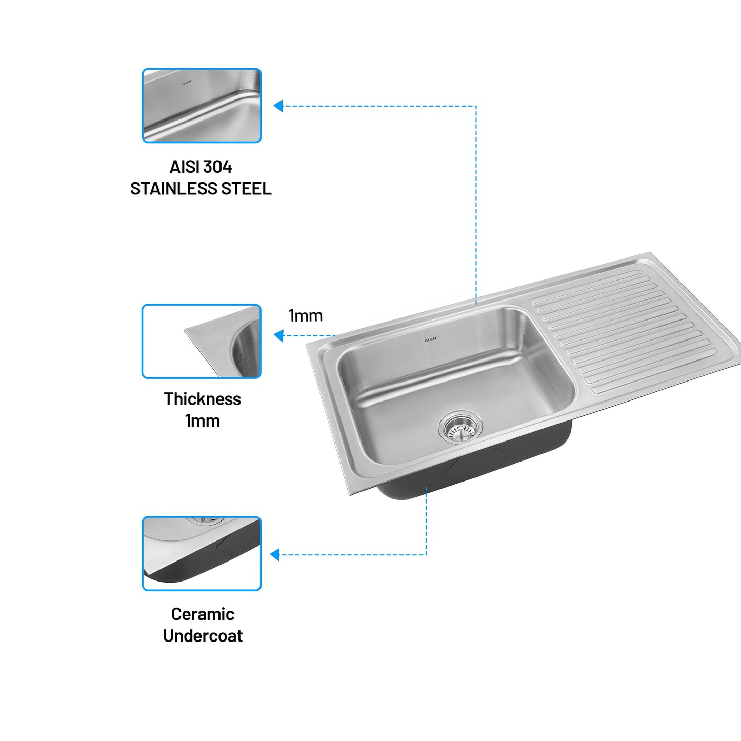 GLEN Stainless Steel Grade 304 Sink for Kitchen | Single Bowl Press Sink with Side Drain Board | Matte Finish (KS-SP36208SBSDM)
