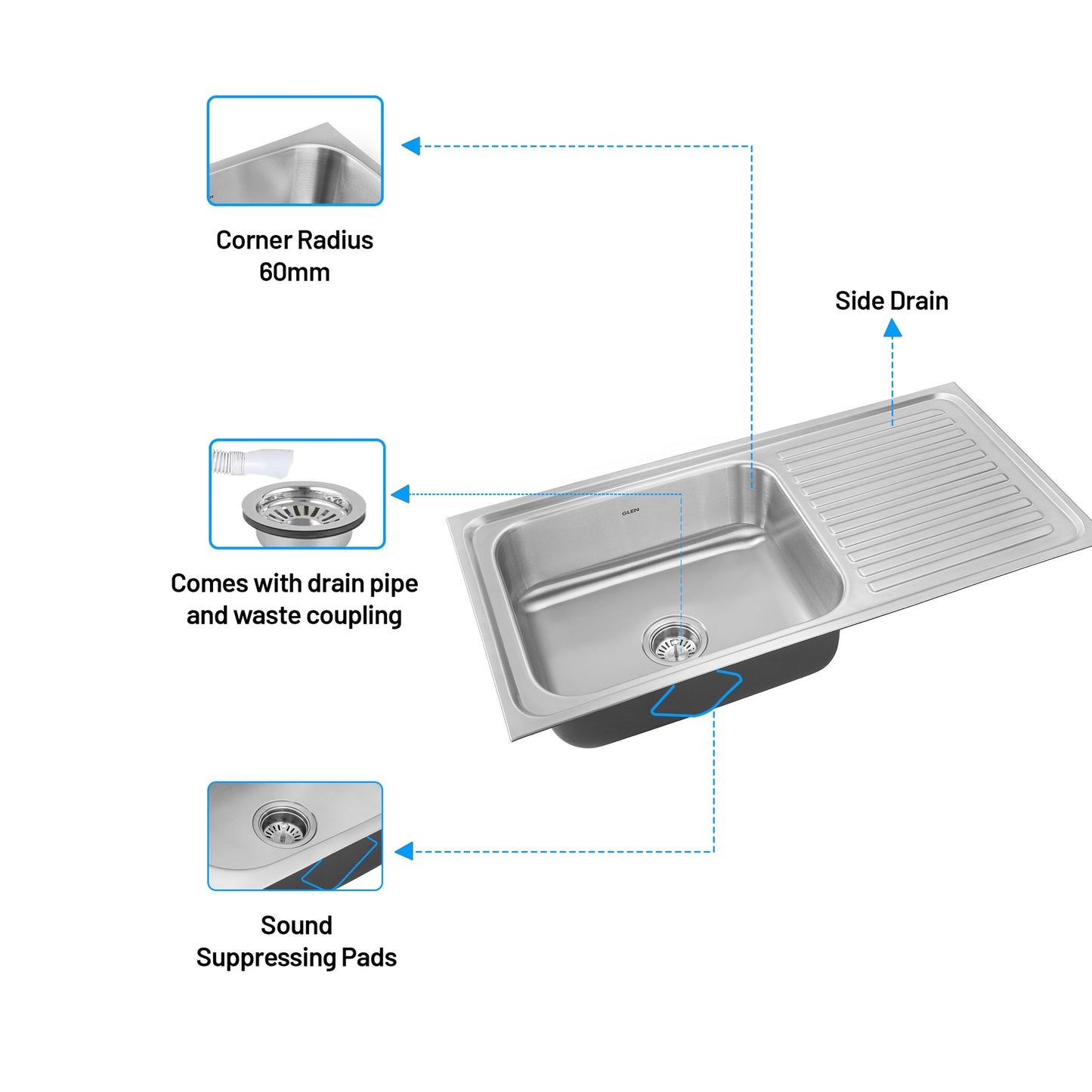 GLEN Stainless Steel Grade 304 Sink for Kitchen | Single Bowl Press Sink with Side Drain Board | Matte Finish (KS-SP36208SBSDM)