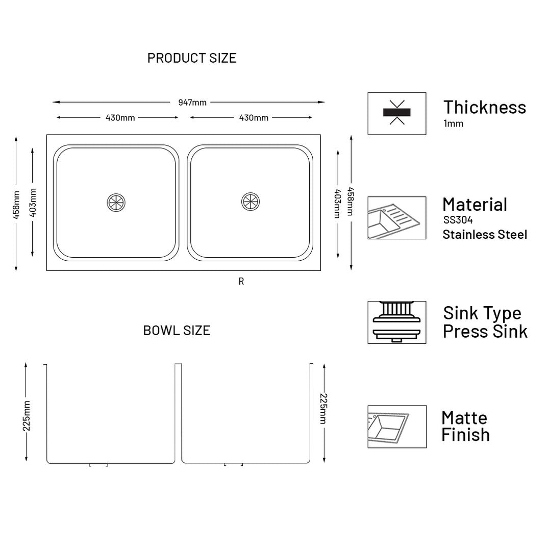 GLEN Stainless Steel Grade 304 Sink for Kitchen | Double Bowl Press Sink 37x18x9 inches, Matte Finish (KS-SP37189DBM)