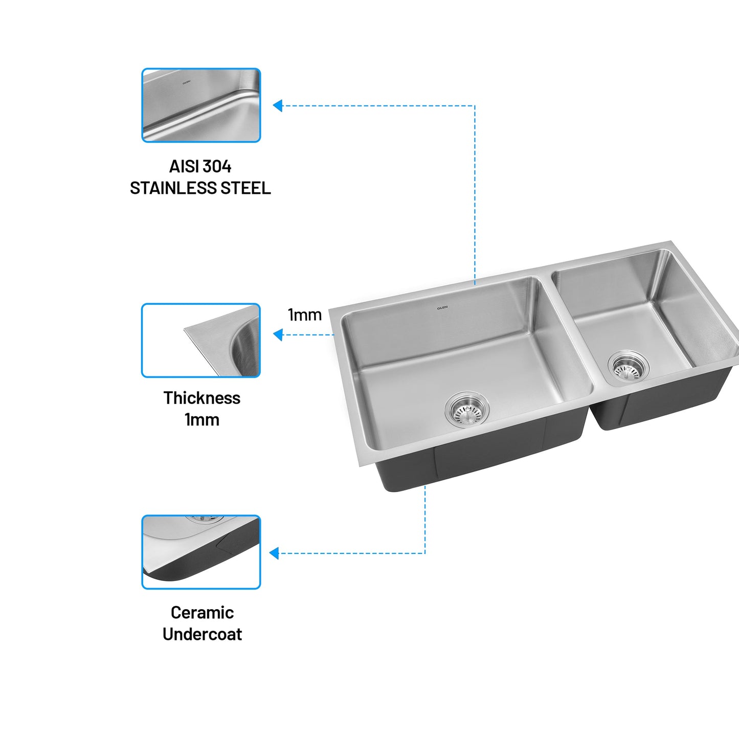 GLEN Stainless Steel Grade 304 Sink for Kitchen, Double Bowl Press Sink 37x18x9 inches, Matte Finish (KS-SP37189DBSM)