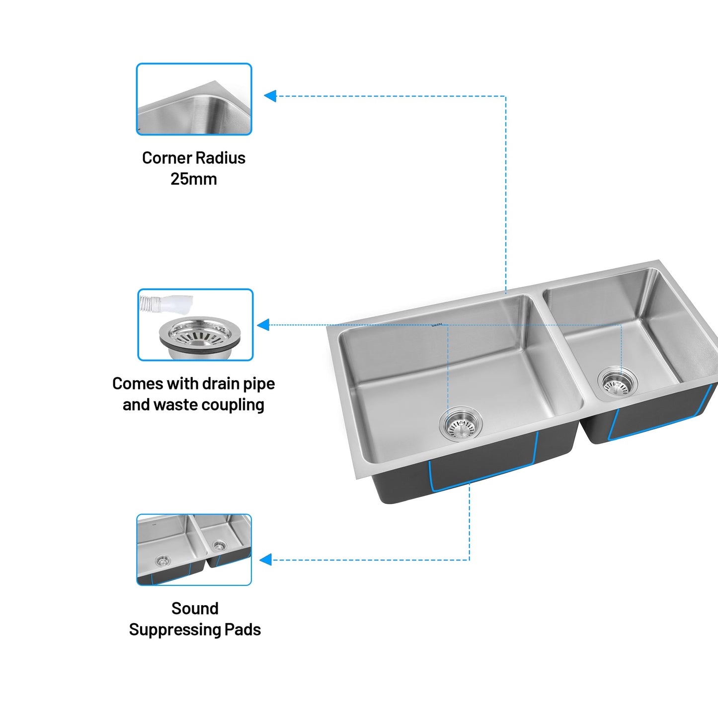 GLEN Stainless Steel Grade 304 Sink for Kitchen, Double Bowl Press Sink 37x18x9 inches, Matte Finish (KS-SP37189DBSM)