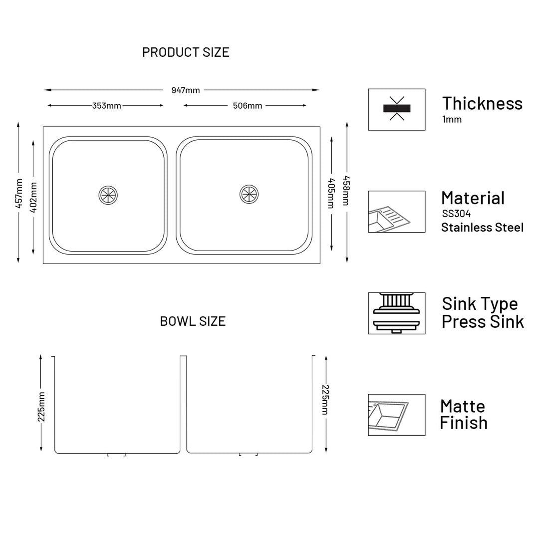 GLEN Stainless Steel Grade 304 Sink for Kitchen, Double Bowl Press Sink 37x18x9 inches, Matte Finish (KS-SP37189DBSM)