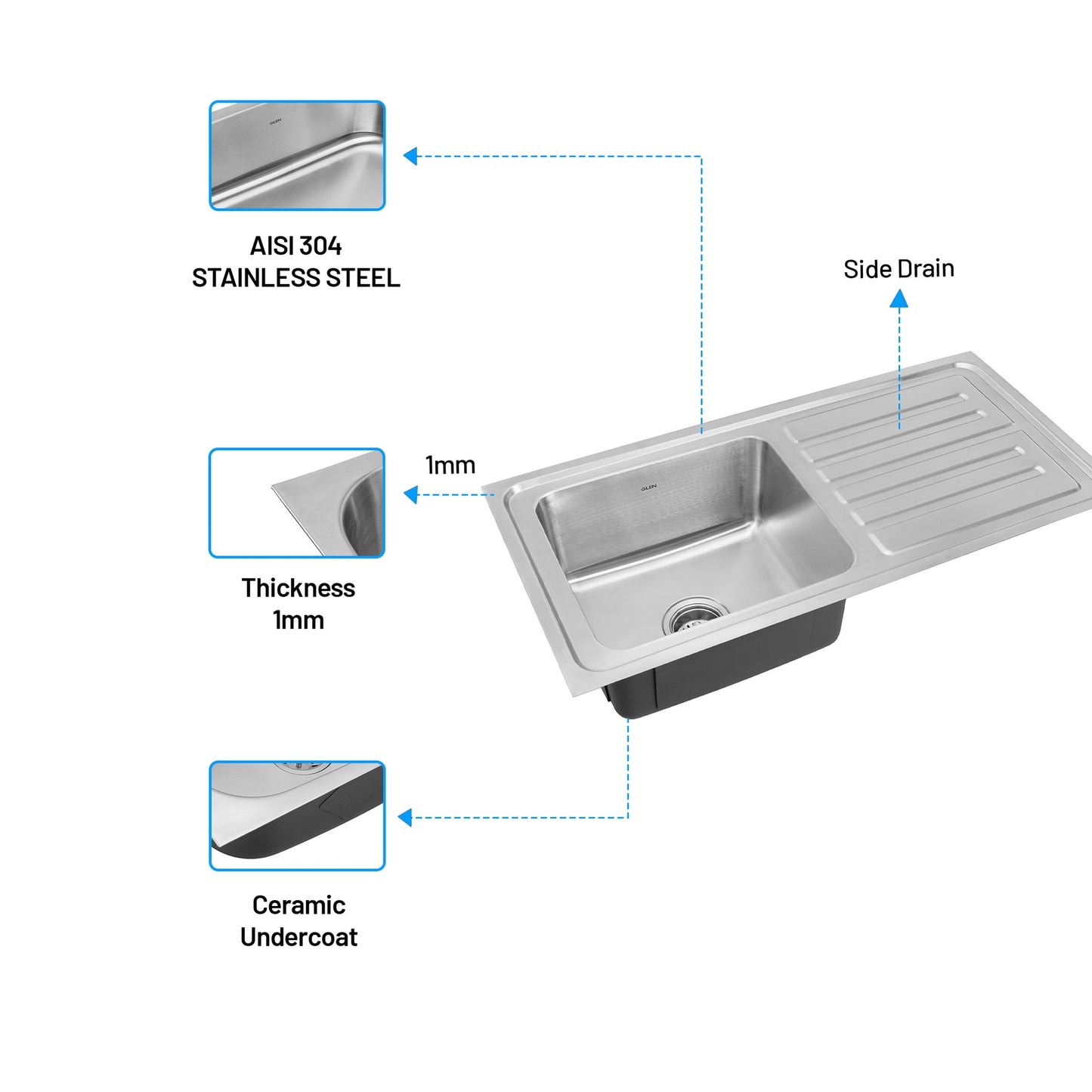 GLEN Stainless Steel Grade 304 Sink for Kitchen, Single Bowl Press Sink with Side Drain Board 37x18x9 inches, Matte Finish (KS-SP37189SBSDM)