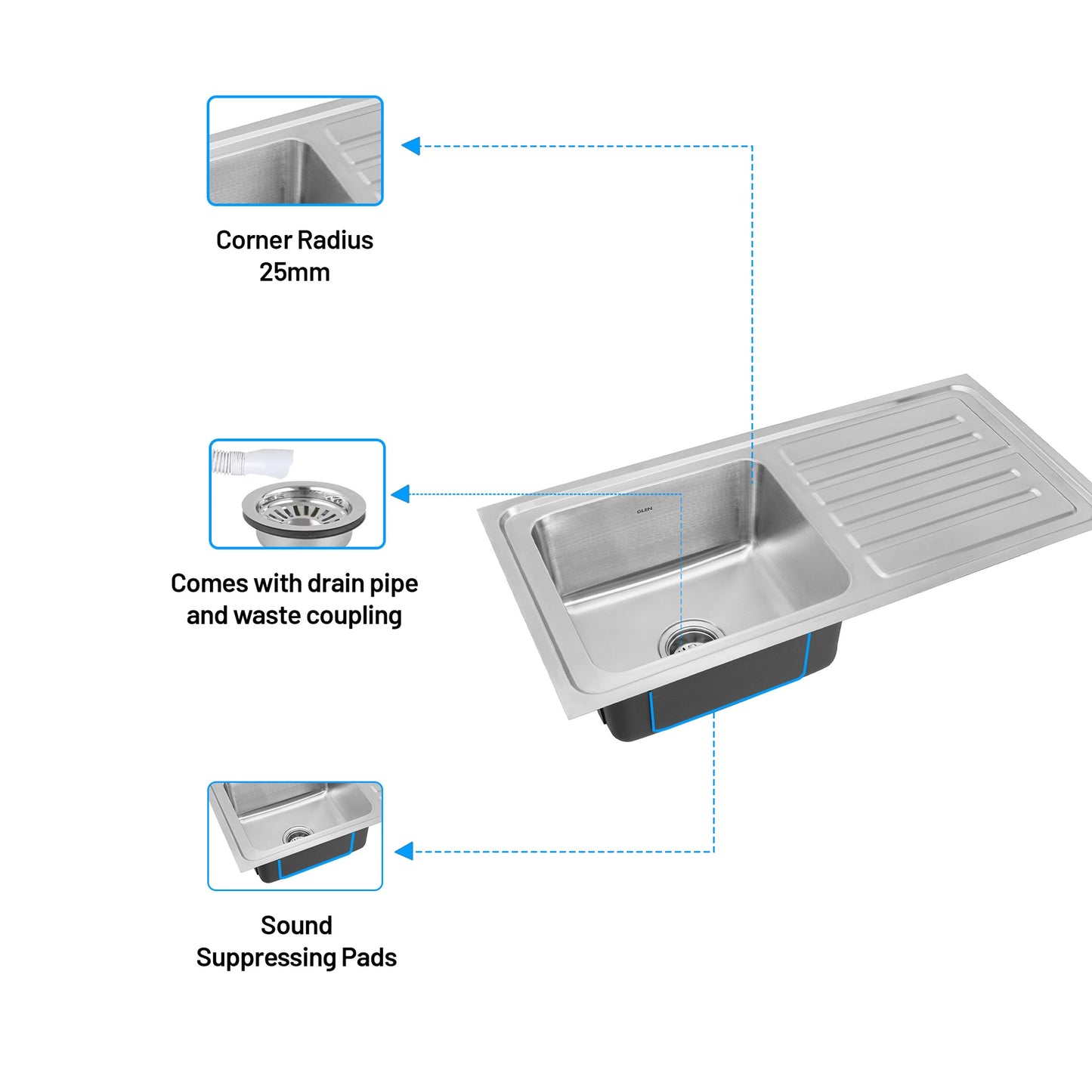 GLEN Stainless Steel Grade 304 Sink for Kitchen | Single Bowl Press Sink with Side Drain Board 40x20x8 inches, Matte Finish (KS-SP40208SBSDM)
