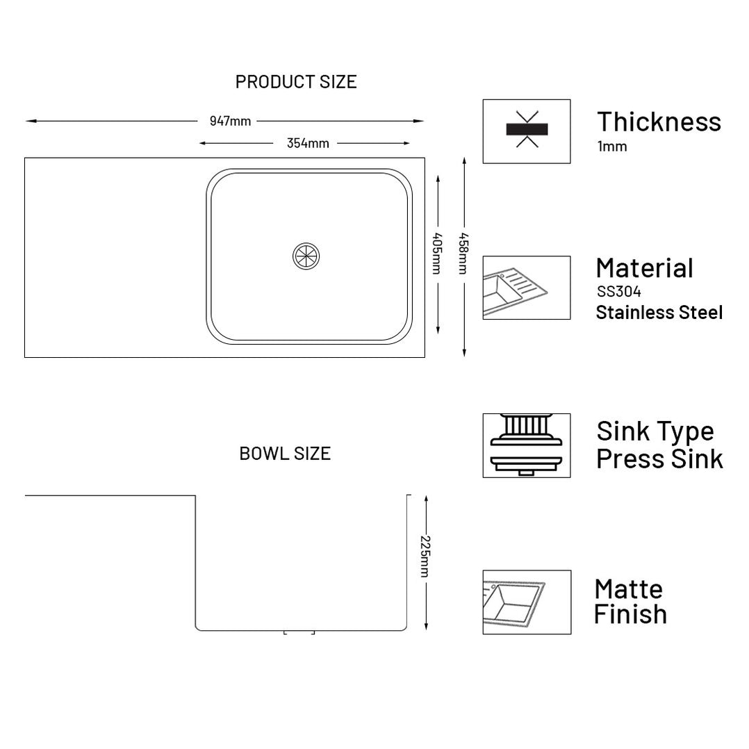 GLEN Stainless Steel Grade 304 Sink for Kitchen, Single Bowl Press Sink with Side Drain Board 37x18x9 inches, Matte Finish (KS-SP37189SBSDM)