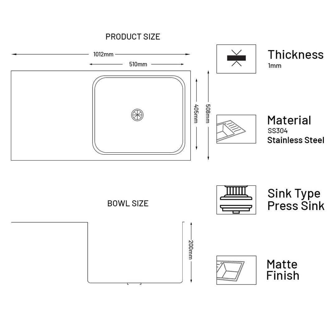 GLEN Stainless Steel Grade 304 Sink for Kitchen | Single Bowl Press Sink with Side Drain Board 40x20x8 inches, Matte Finish (KS-SP40208SBSDM)