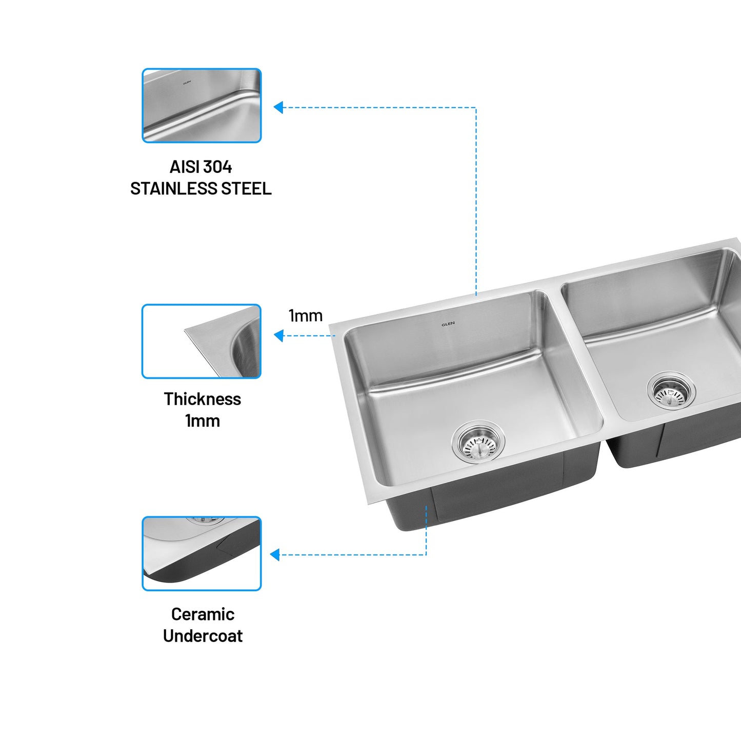 GLEN Stainless Steel Grade 304 Sink for Kitchen | Double Bowl Press Sink Low Radius 45x20x10 inches | Matte Finish (KS-SP452010DBLRM)