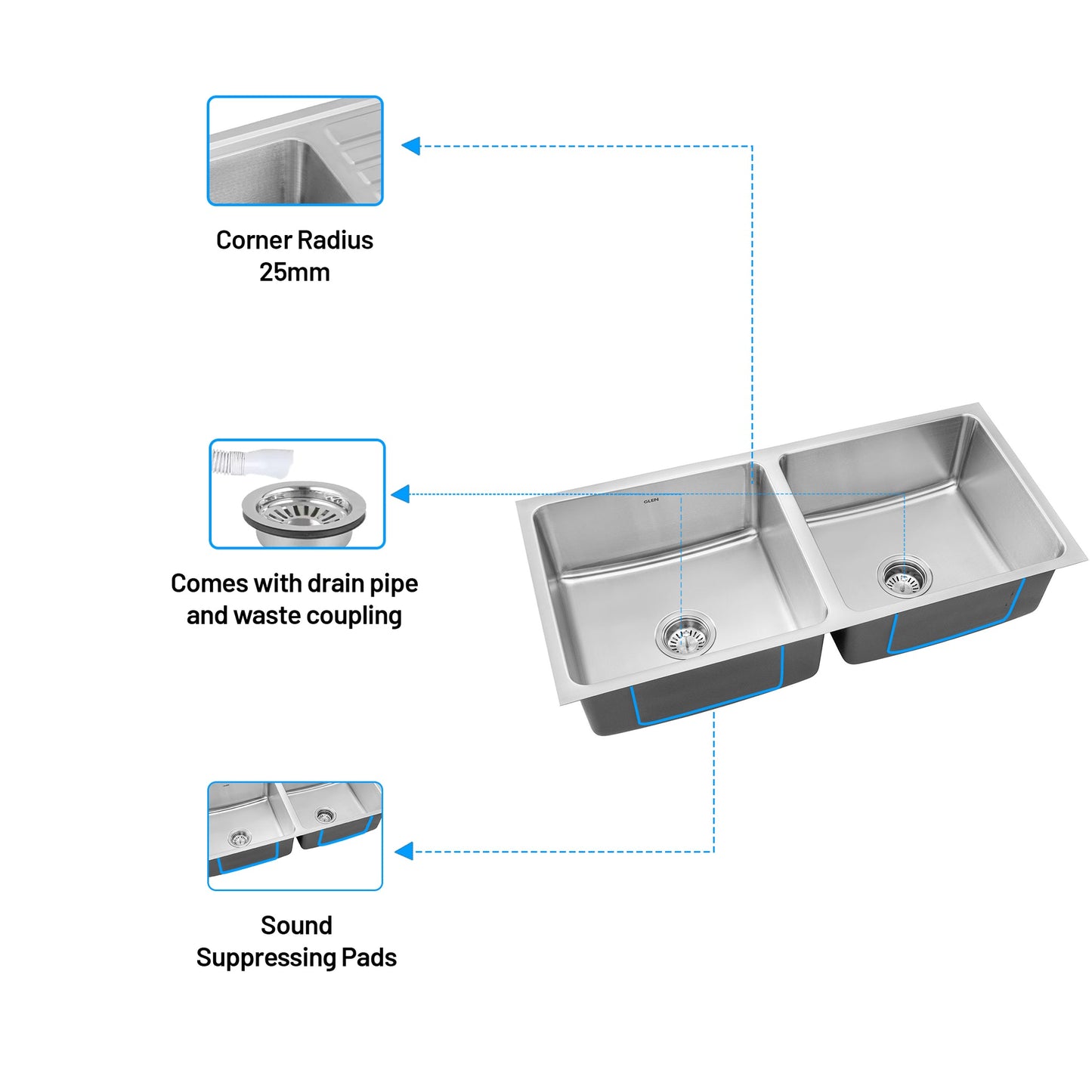 GLEN Stainless Steel Grade 304 Sink for Kitchen | Double Bowl Press Sink Low Radius 45x20x10 inches | Matte Finish (KS-SP452010DBLRM)