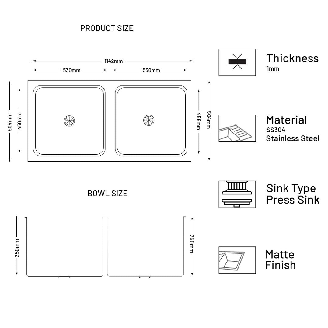 GLEN Stainless Steel Grade 304 Sink for Kitchen | Double Bowl Press Sink Low Radius 45x20x10 inches | Matte Finish (KS-SP452010DBLRM)