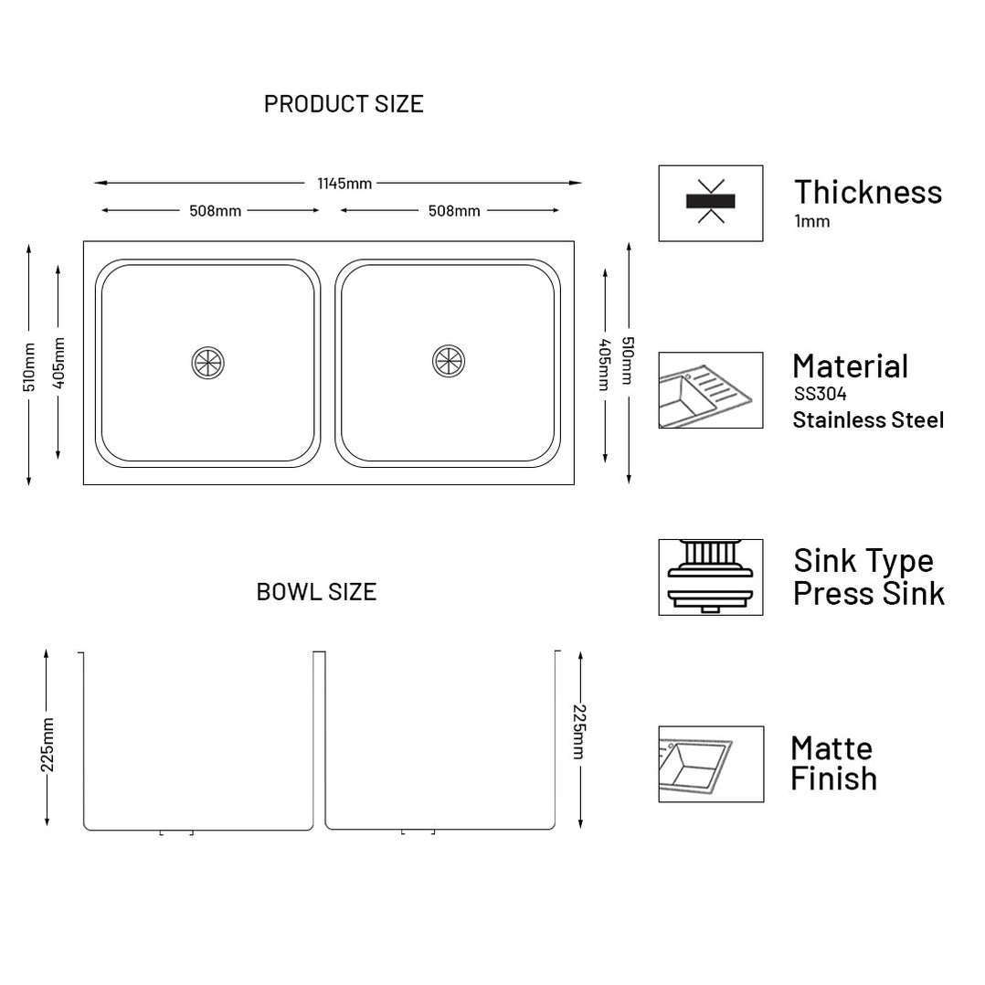 GLEN Stainless Steel Grade 304 Sink for Kitchen | Double Bowl Press Sink 45x20x9 inches | Matte Finish (KS-SP45209DBM)