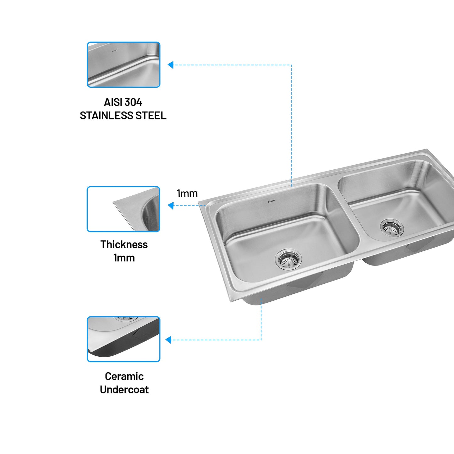 GLEN Stainless Steel Grade 304 Sink for Kitchen | Double Bowl Press Sink 45x20x9 inches | Matte Finish (KS-SP45209DBM)