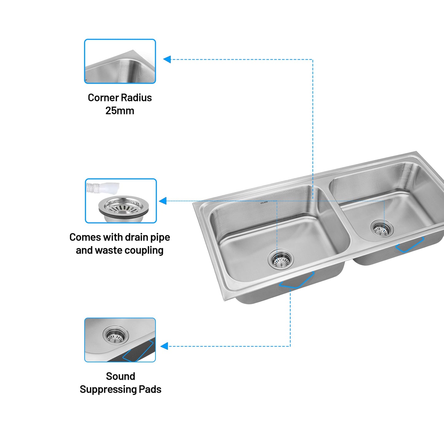 GLEN Stainless Steel Grade 304 Sink for Kitchen | Double Bowl Press Sink 45x20x9 inches | Matte Finish (KS-SP45209DBM)