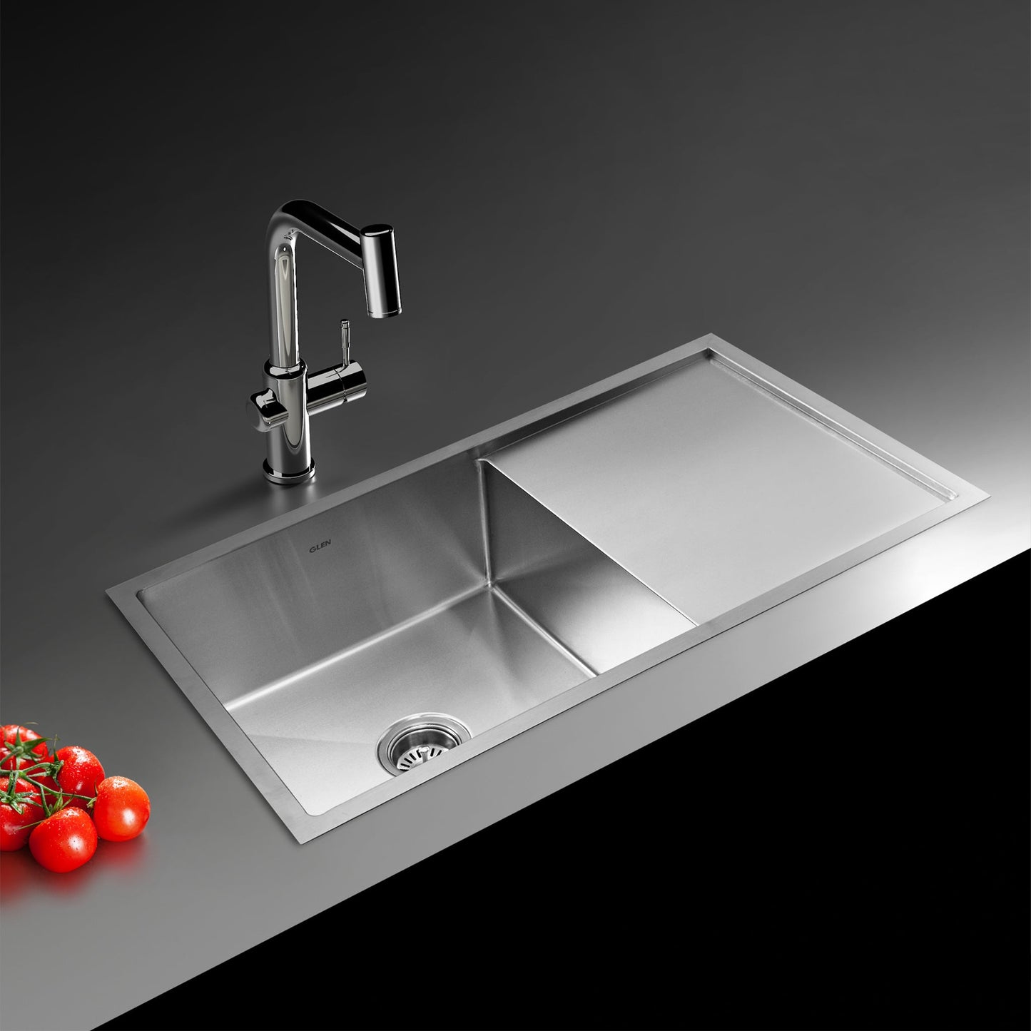 GLEN Stainless Steel Grade 304 Sink for Kitchen | Single Bowl Handmade Sink with Side Drain Board 36x20x9 inches | Matte Finish (KS-SH36209SBSDM)